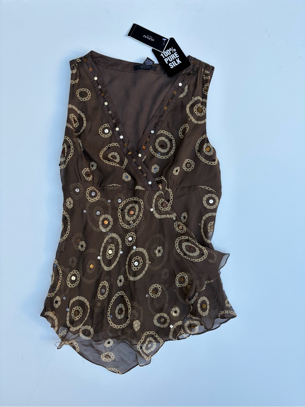 Alfani Brown Silk V-Neck Sequin Circle Print Camisole